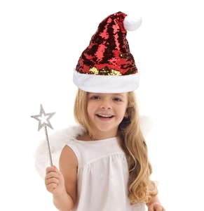 Sparkly reversible sequin Christmas hat with white feather wings and magic wand set