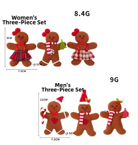 Detailed view of gingerbread plush ornaments set with festive hats and accessories