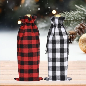 Christmas buffalo plaid wine bottle gift bags with red and white checkered cotton design