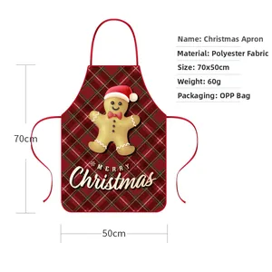 Detailed size and material specs of gingerbread man Christmas apron with plaid pattern