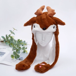 Cute plush brown reindeer Christmas hat with ear flaps and 3D antlers for kids and adults
