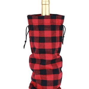 Christmas buffalo plaid wine bottle gift bag with drawstring in red and black cotton