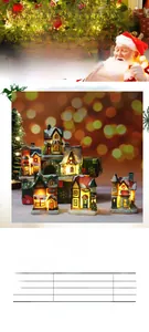 Détail d'une petite maison de Noël en résine avec lumière chaude et design rétro