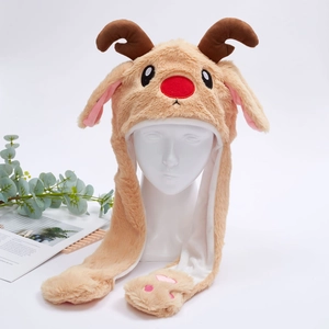 Cute plush reindeer Christmas hat with brown antlers and pink paw print earflaps