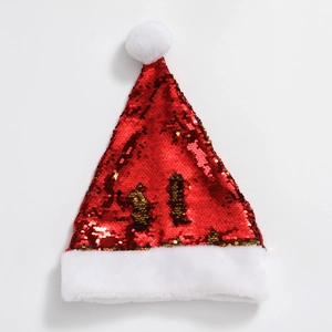 Christmas hat with red reversible sequins to gold and white plush trim on white background