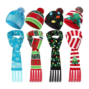 LED Christmas Hat And Scarf Set Acrylic Knitted Winter Warm Pompom Tassel Snowflake Gingerbread Man Light String Accessory