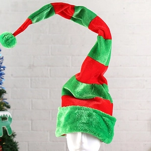 Long red and green striped Christmas elf hat with soft plush pompom and festive design