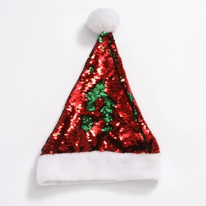 Sparkly red Christmas hat with reversible green sequins and white plush trim for holidays