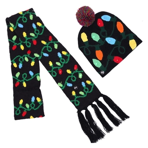 LED Christmas knit hat and scarf set with colorful bulb patterns and pom-poms