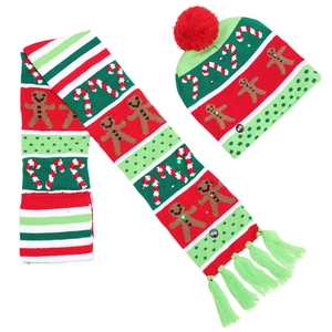 LED Christmas knit hat and scarf set with gingerbread man pattern and colorful pom-poms