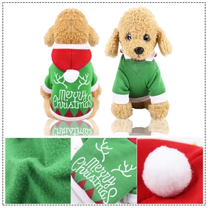 Detail of Christmas pet hoodie featuring reindeer antlers and Merry Christmas print
