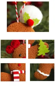 Macro detail of gingerbread man plush pendant with textured fleece and festive scarf