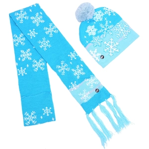 Blue knitted Christmas hat and scarf set with LED lights and white snowflake patterns