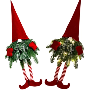 Set of 2 Christmas gnome wreaths with LED lights and long legs for door decoration