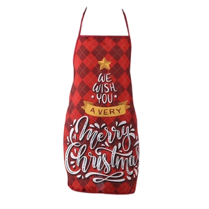 Red and black buffalo plaid Christmas apron with golden stars and holiday greetings