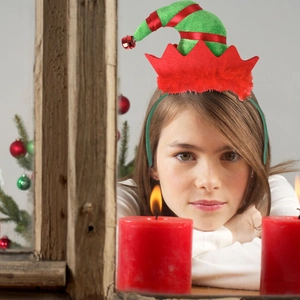 Christmas elf hat headband with red and green stripes and a small jingle bell for parties