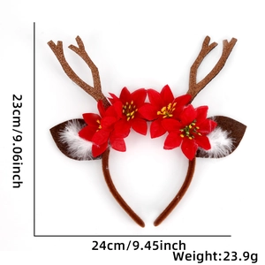 Detailed dimensions of Christmas reindeer antler headband with festive red flowers