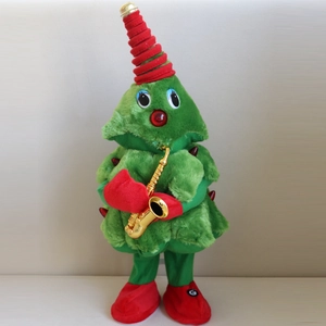 Electric dancing Christmas tree plush toy playing saxophone with red hat and shoes