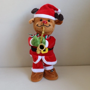 Electric musical Christmas reindeer plush toy with saxophone and Santa suit decoration