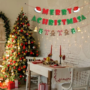 Glittery Merry Christmas banner with red and green festive icons in a warm home interior