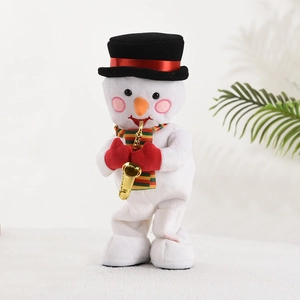 Animated singing and dancing plush snowman with saxophone and festive winter accessories
