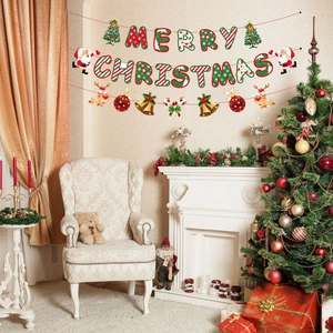 Merry Christmas banner set with festive hanging decorations in cozy fireplace scene