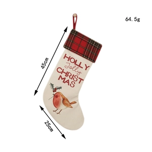 Detail view of a 45cm Christmas stocking with robin bird print and size measurements