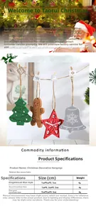 Detail of felt Christmas gingerbread man and tree ornaments with stitched edges