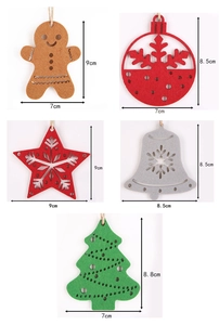 Detailed view of Christmas felt ornaments including gingerbread man and snowflake with dimensions