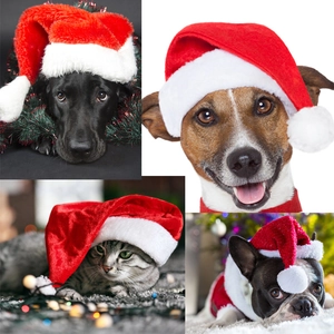 Chapeau de Noël pour Animaux de Compagnie Rouge Blanc Bonnet de Père Noël pour Petits Chiens Chats Doux Peluche Velours Plaid Costume Fête