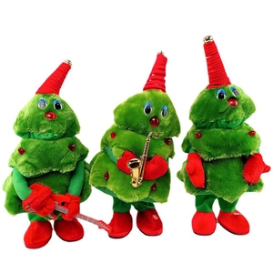 Three musical animated Christmas tree plush toys playing guitar and saxophone