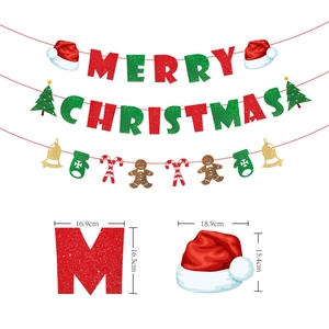 Glittery Merry Christmas banner set with festive hanging ornaments and product dimensions