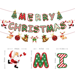 Merry Christmas banner with Santa Claus, reindeer and tree, festive party wall decoration