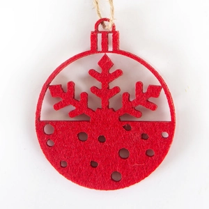 Red felt Christmas ball ornament with snowflake cutouts and rustic hanging twine string
