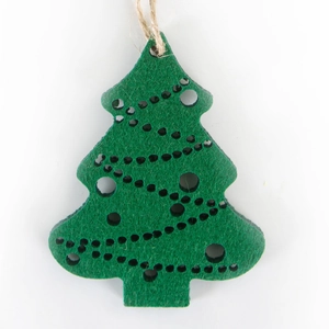 Green felt Christmas tree ornament with cut-out dots and jute rope hanging detail