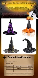 Detailed size specs for four styles of Halloween witch hats including stars and ribbon designs