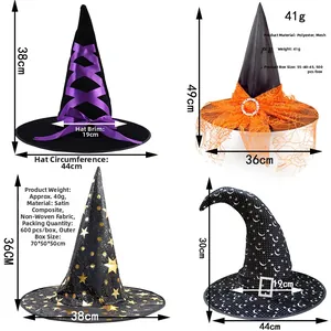Detailed size chart showing height and diameter for various Halloween wizard hats