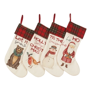 Set of four large Christmas stockings with Santa, snowman, bear, and robin illustrations