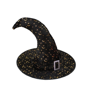 Close-up of Halloween witch hat featuring gold star and moon patterns with a silver buckle