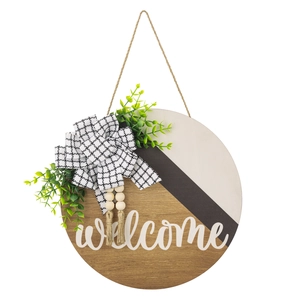 Panneau de Bienvenue Rond en Bois Décoration de Porte Avec Nœud à Carreaux Eucalyptus Artificiel Perles en Bois Gland Suspension Murale