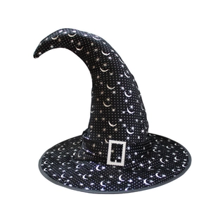 Black witch hat with white star and moon prints and silver rhinestone buckle decoration