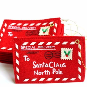 Christmas red felt envelope tree ornament for candy or cards with gold string and embroidery