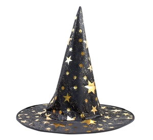 Close-up of a black Halloween witch hat with shiny gold foil stars on a wide brim