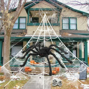 Giant Halloween Spider Decoration Set With Large White Triangle Web Scary Plush Spiders For Outdoor Yard Garden Party Decor