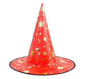 Detail of red pointed witch hat with shimmering gold stars and black rimmed brim