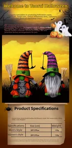 Détail des poupées gnomes d'Halloween avec balais aux rayures orange, violettes et noires