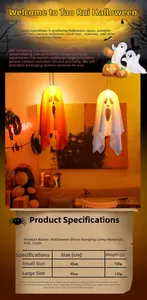 Halloween ghost hanging light size chart showing dimensions of 45cm and 90cm PVC lamps