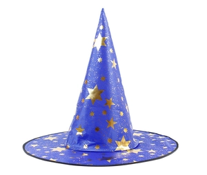 Detail of blue wizard hat with golden foil stars for Halloween cosplay accessories