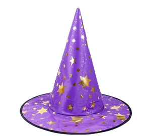 Close-up of purple Halloween wizard hat featuring metallic gold star patterns and brim detail