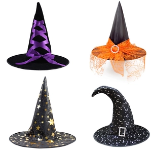 Halloween Witch Hat Costume Accessories Wizard Magic Hat With Star Moon Print Ribbon Mesh For Masquerade Party Decor